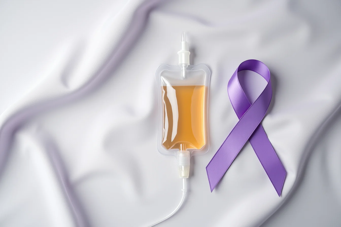 A clear infusion bag beside a lavender ribbon on light linen