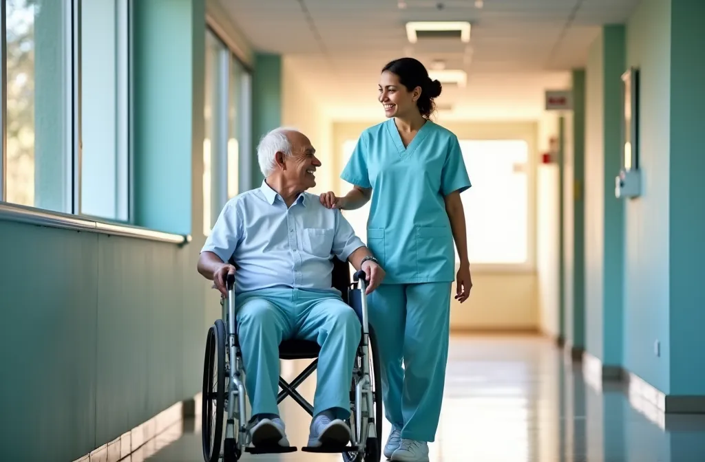 A nurse walking beside an elderly patient in a wheelchair